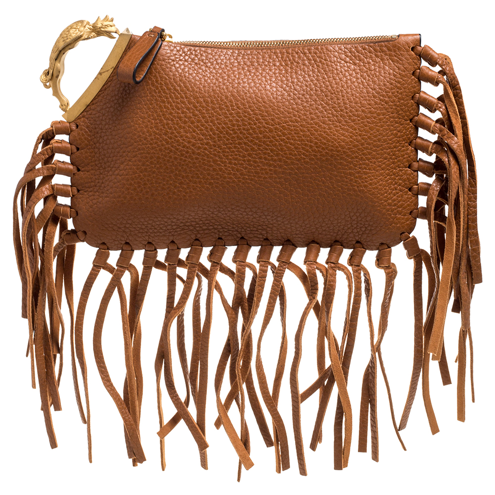 

Valentino Brown Leather C Rockee Gryphon Fringe Clutch