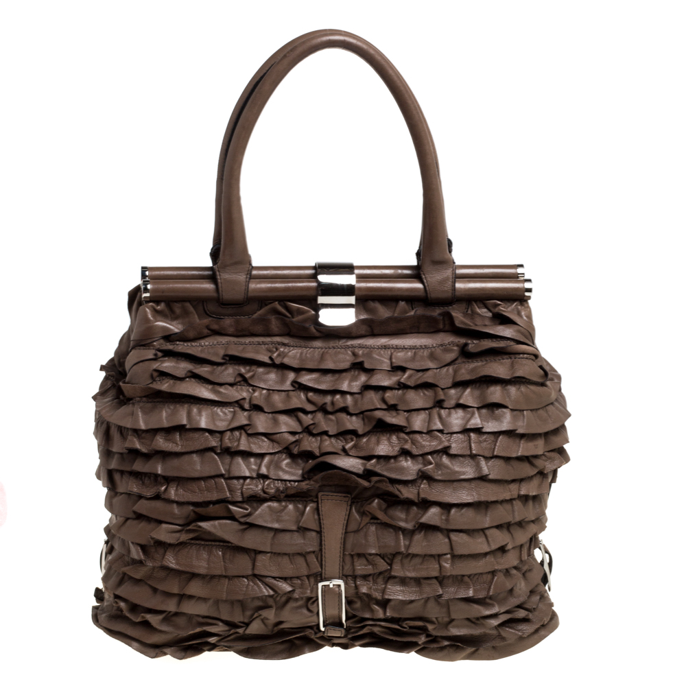 

Valentino Taupe Leather Allure Ruffled Frame Bag, Brown