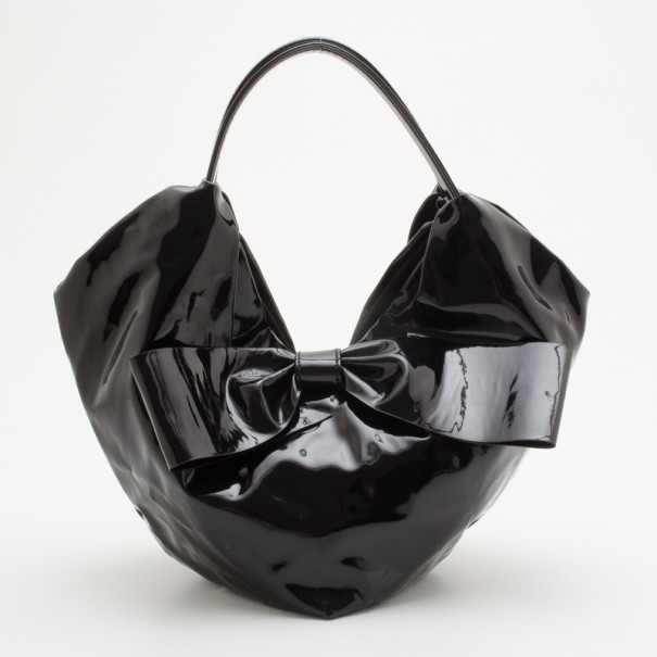 Pre Owned Valentino Black Patent Leather Bow Detail Large Shoulderbag