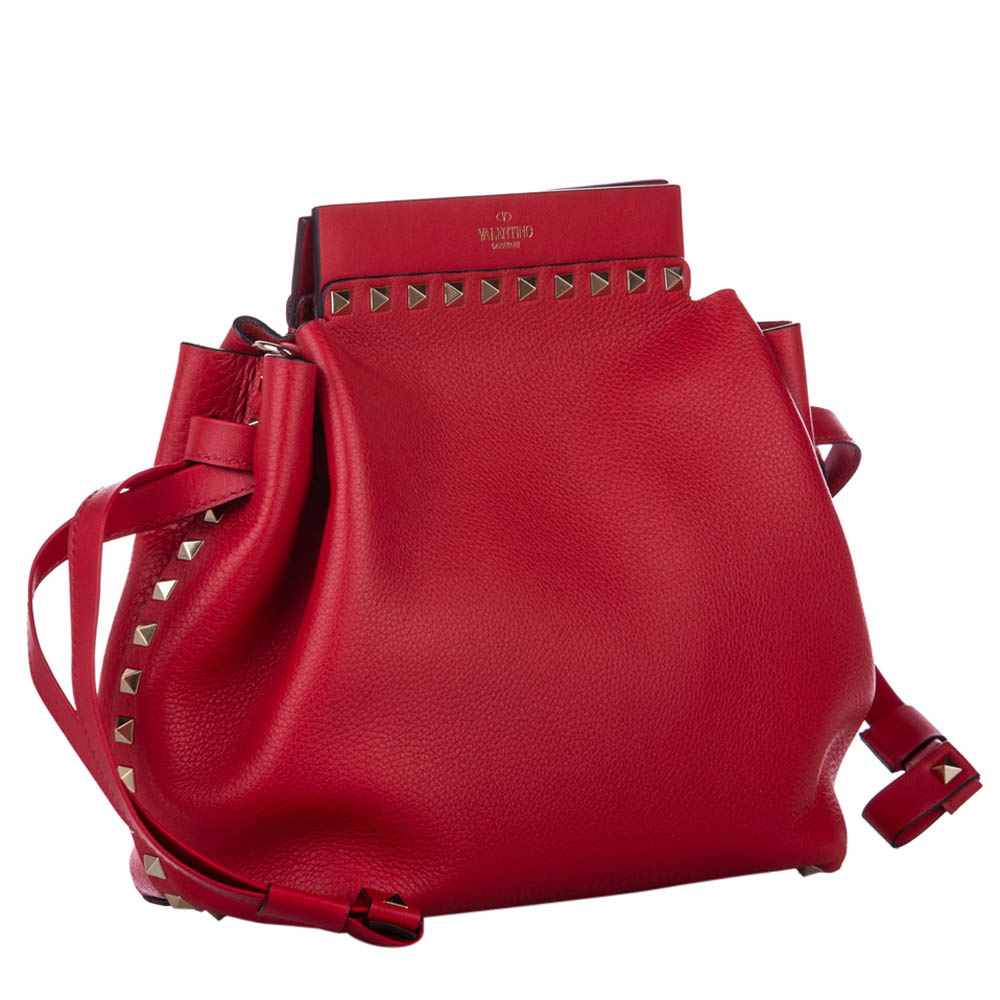 

Valentino Red Leather Rockstud Drawstring Bag