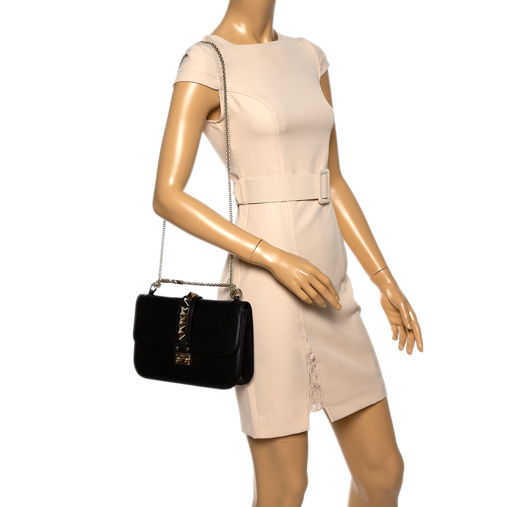 

Valentino Black Leather Rockstud Medium Glam Lock Flap Bag