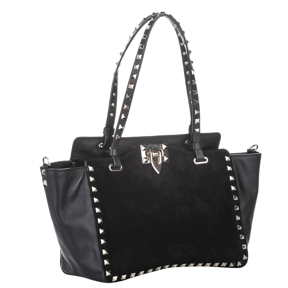 

Valentino Black Leather and Suede Rockstud Tote Bag