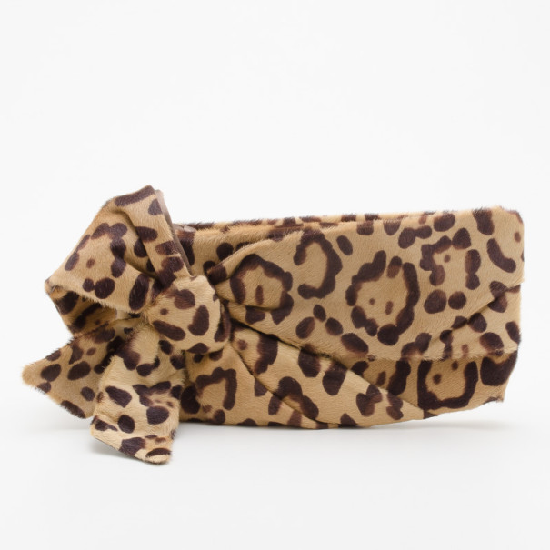 Pre Owned Valentino Leopard Print Pony Hair Bow Clutch