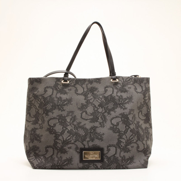 Valentino Black and Grey Lace Printed Coated Canvas Tote