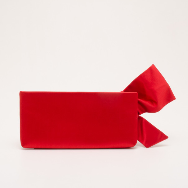 Valentino Garavani Red Satin Pleated Bow Clutch