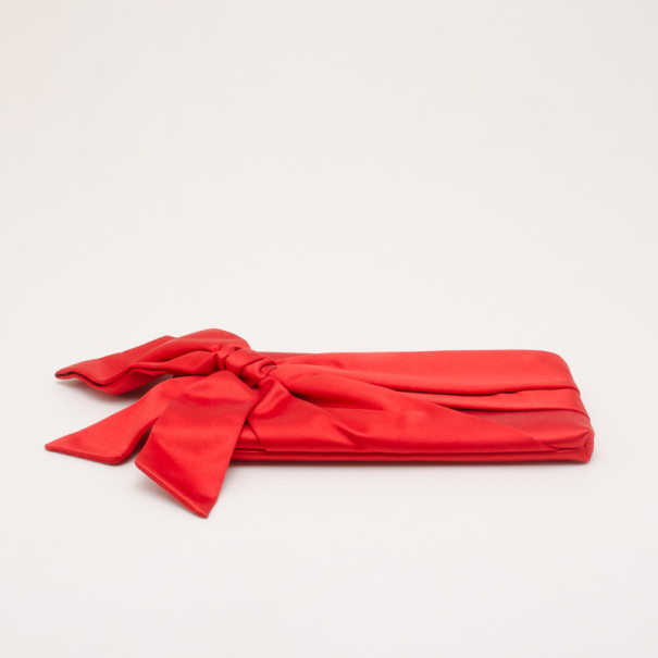 Valentino Garavani Red Satin Pleated Bow Clutch