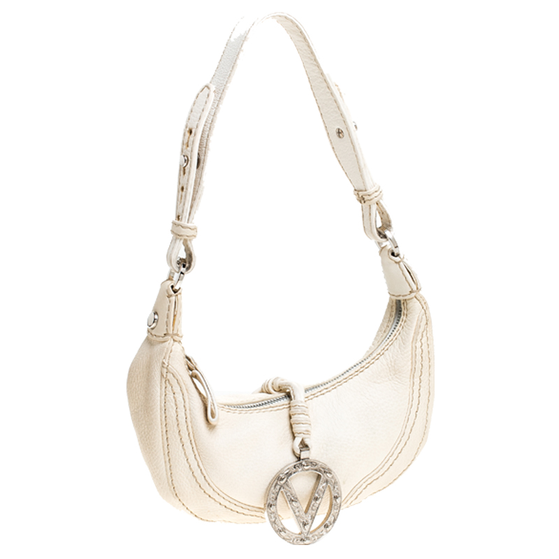 

Valentino Ivory Leather V Ring Closure Mini Hobo, White