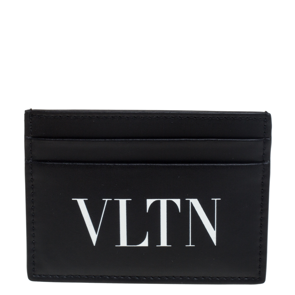Pre-owned Valentino Garavani Black Leather Vltn Logo Card Holder