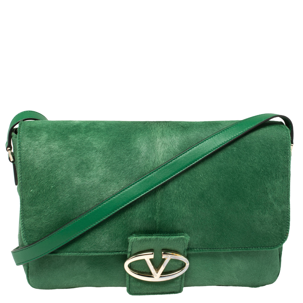 Pre-owned Valentino Garavani Green Calfhair And Leather Flap Shoulder Bag