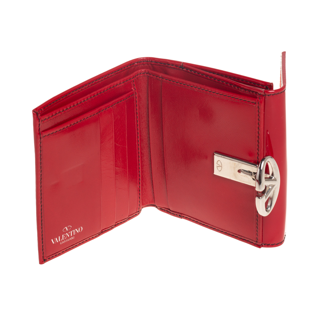 

Valentino Red Patent Leather V Logo Compact Wallet