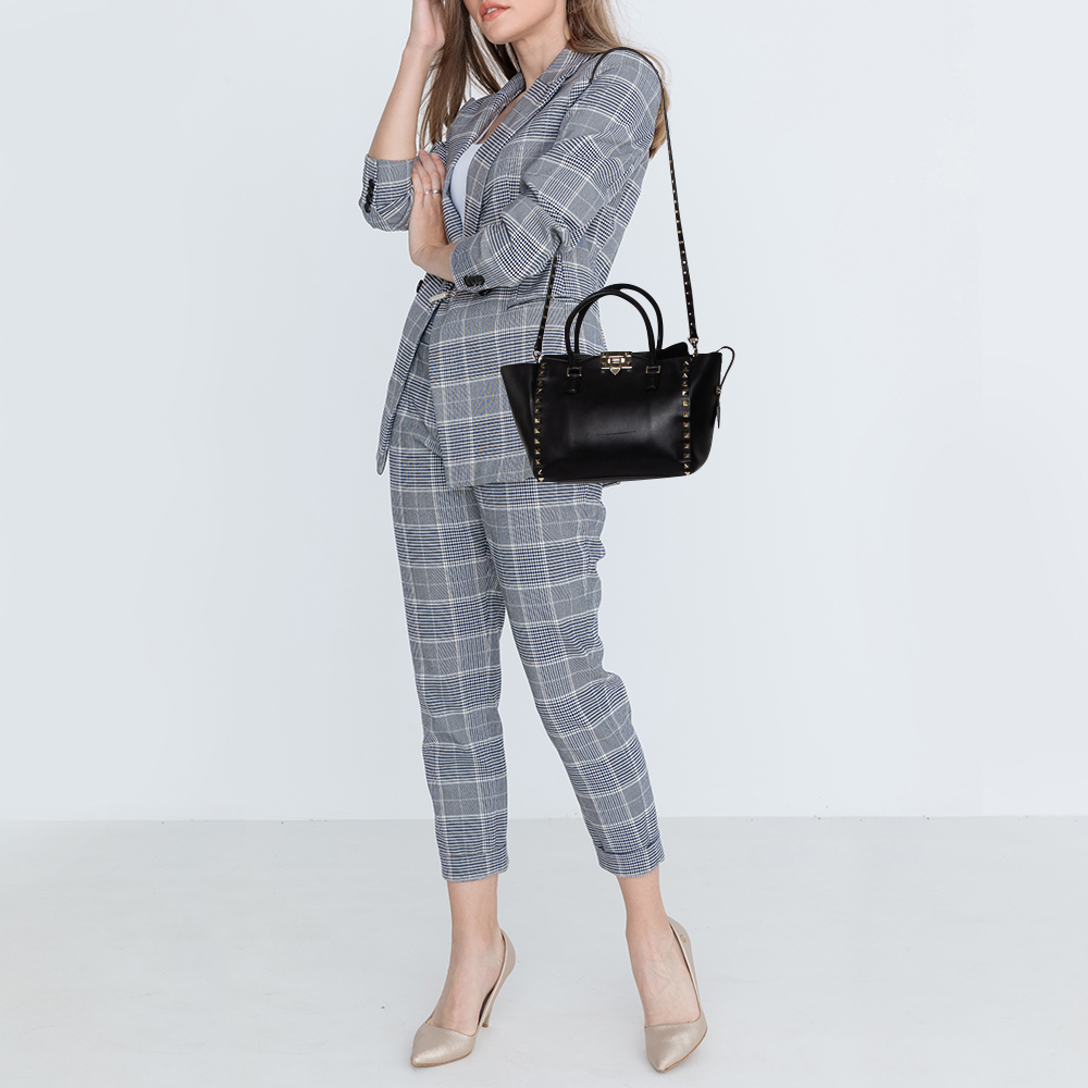 

Valentino Black Leather Small Rockstud Trapeze Tote