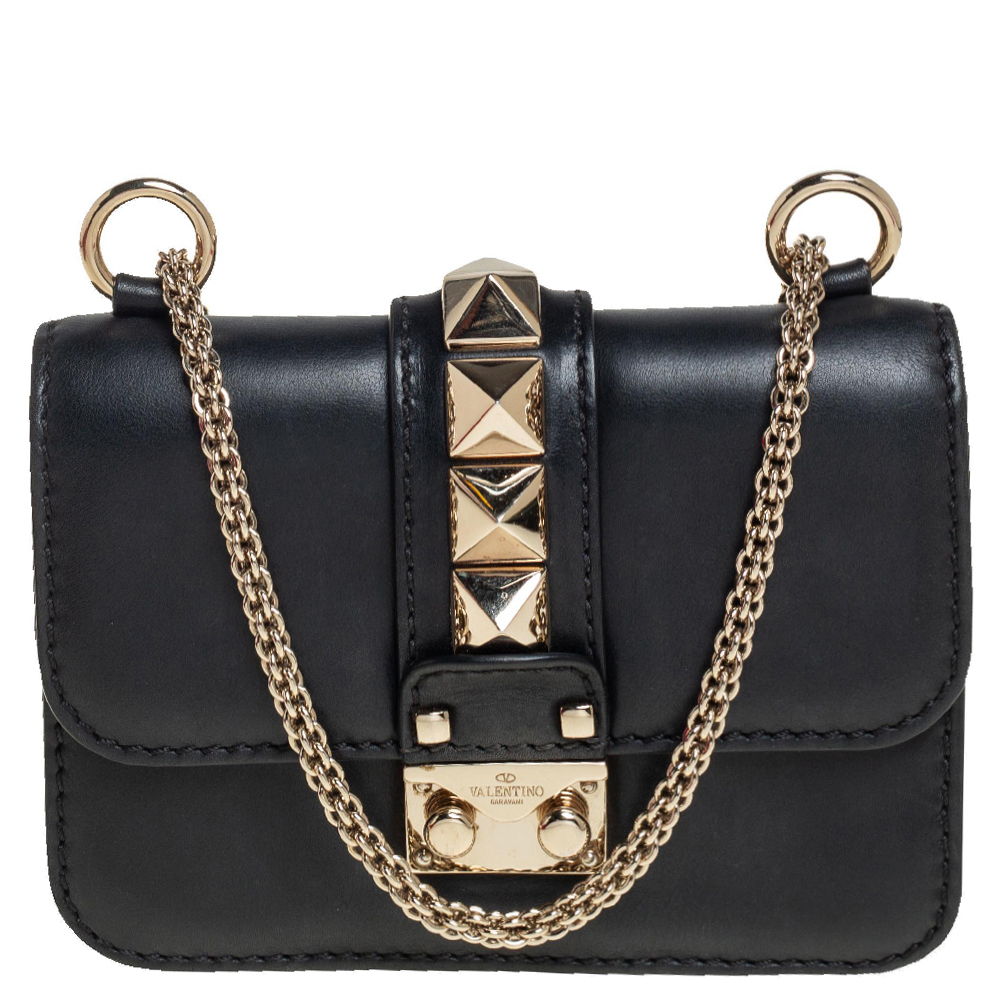 Click to view more detailed imagery on our partner's website Pre-owned Valentino Garavani Black Leather Mini Rockstud Glam Lock Flap Bag