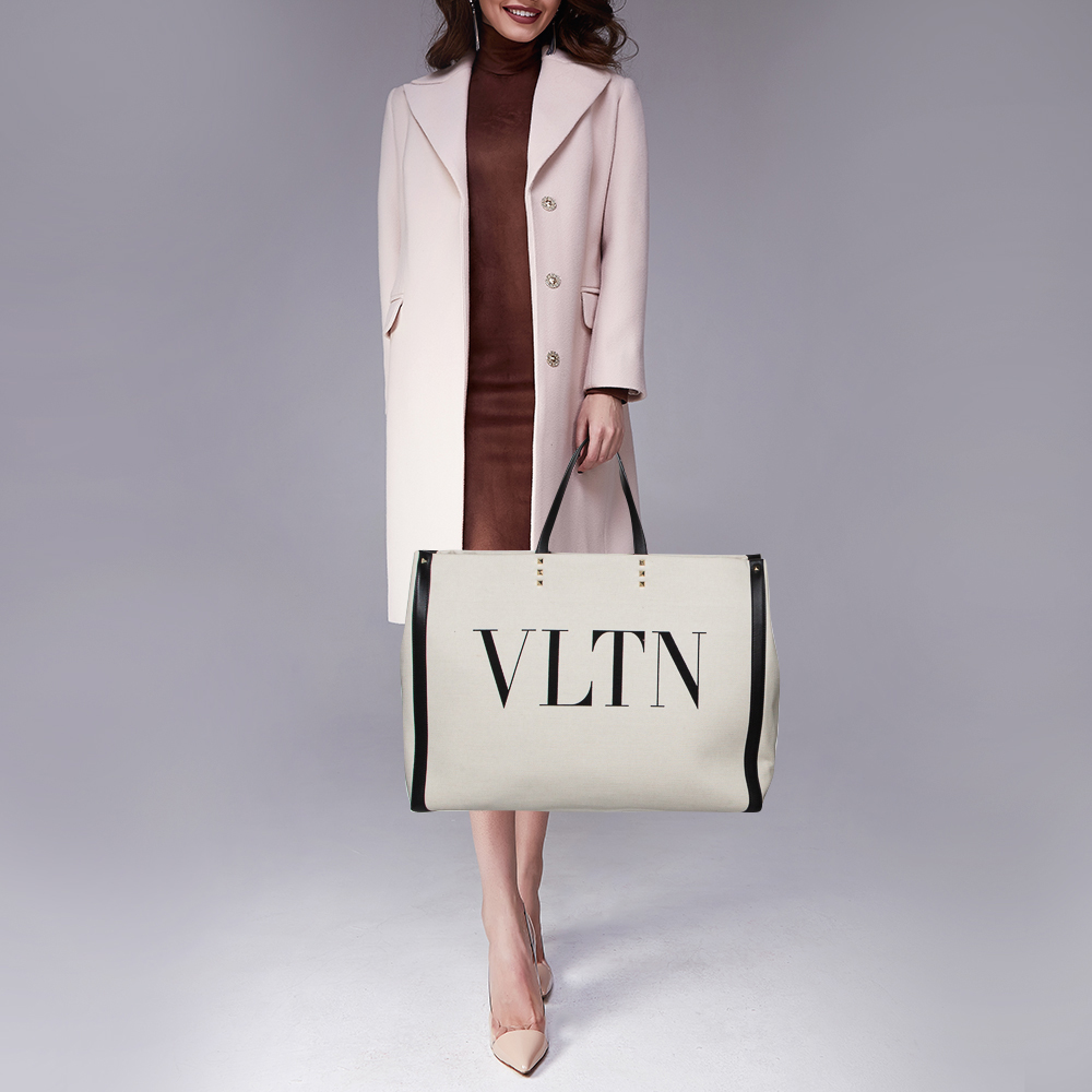 

Valentino White/Black Canvas and Leather Large VLTN Logo Tote