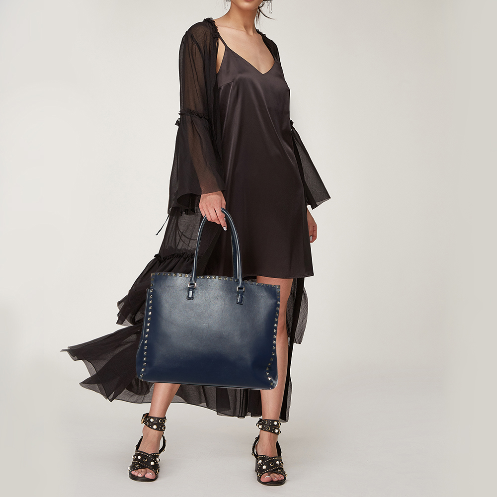 

Valentino Navy Blue Leather Rockstud Tote