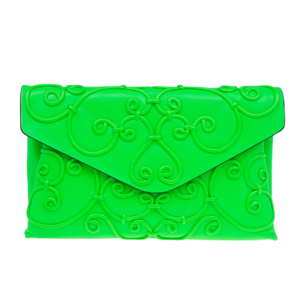 Valentino Neon Green Leather Intrigate Clutch