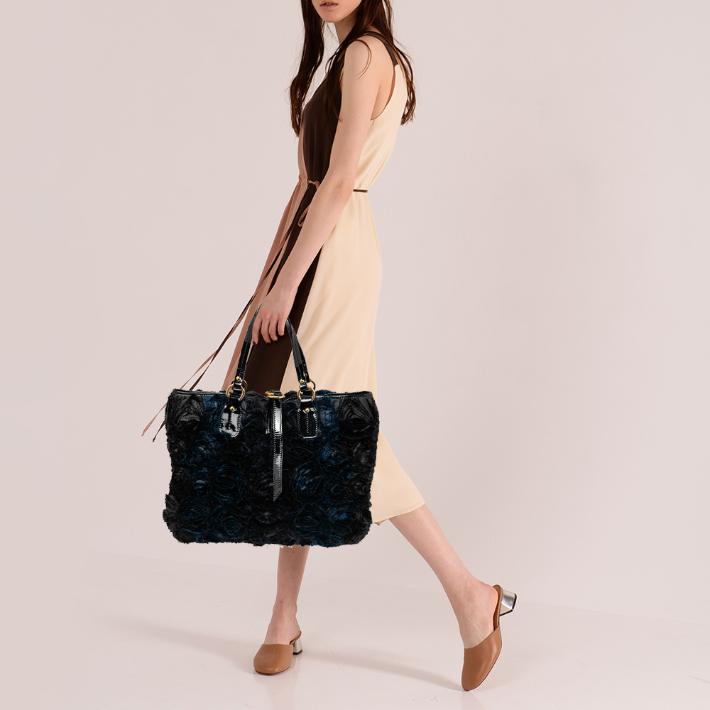 

Valentino Navy Floral Applique Satin and Patent Leather Tote, Navy blue