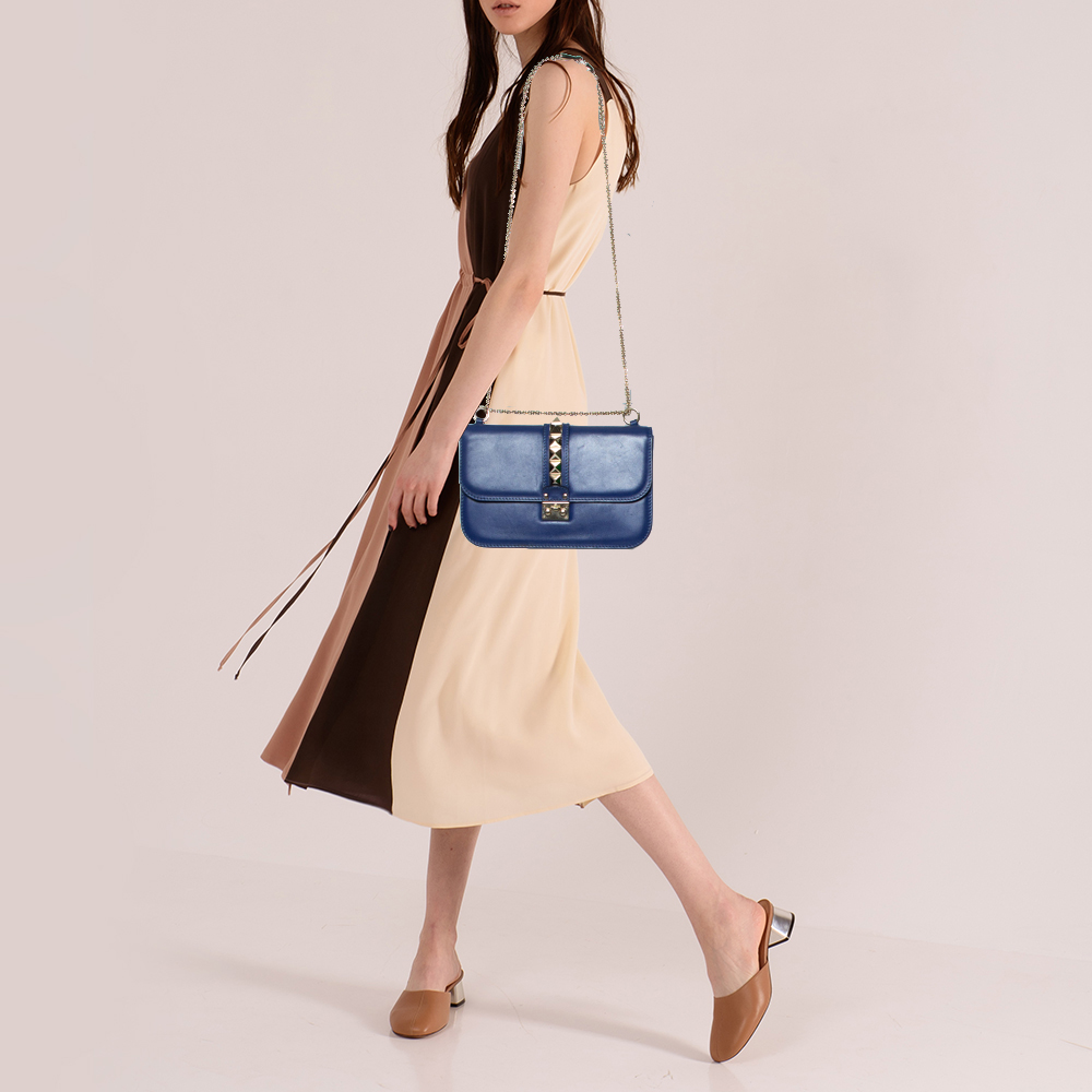 

Valentino Blue Leather Rockstud Medium Glam Lock Flap Bag