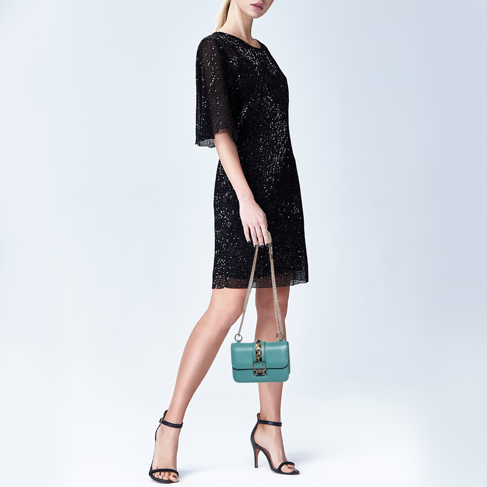 

Valentino Sea Green Leather Mini Rockstud Glam Lock Flap Bag