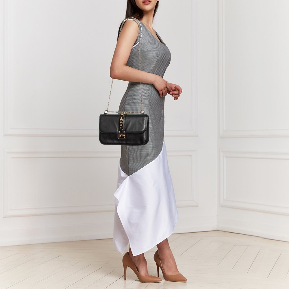 

Valentino Black Leather Medium Rockstud Glam Lock Flap Bag