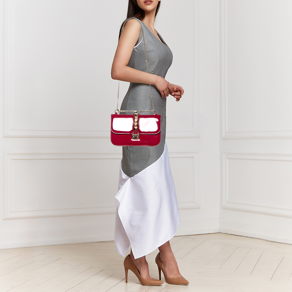 

Valentino Pink Patent Leather Medium Rockstud Glam Lock Flap Bag