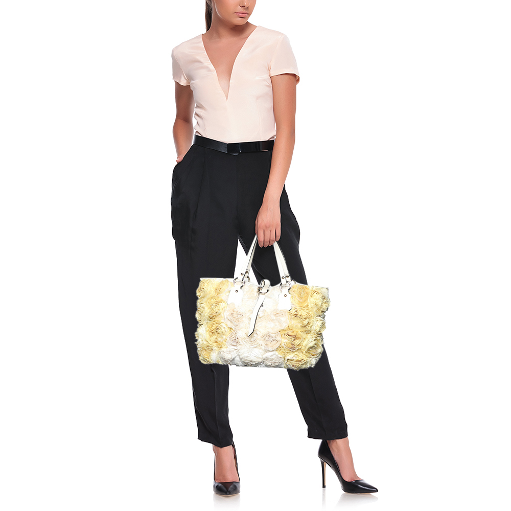 

Valentino Yellow/White Silk and Leather Rosier Tote