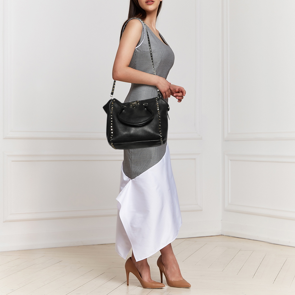 

Valentino Black Leather Rockstud Trapeze Tote
