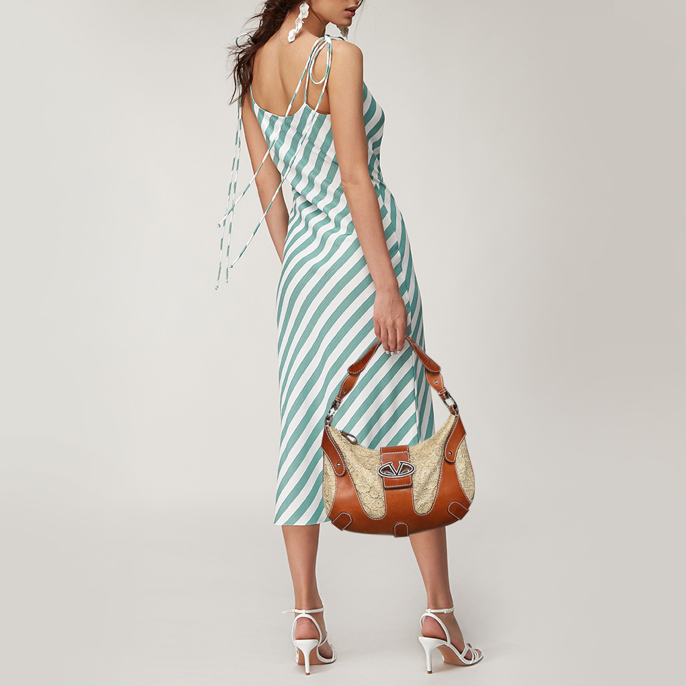 

Valentino Brown/Gold Leather And Lace VLogo Shoulder Bag