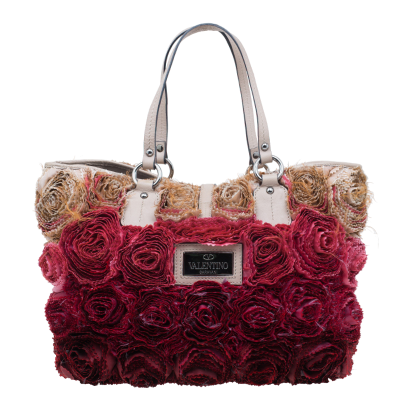 Valentino Red/Beige Silk and Leather Rosier Tote Bag