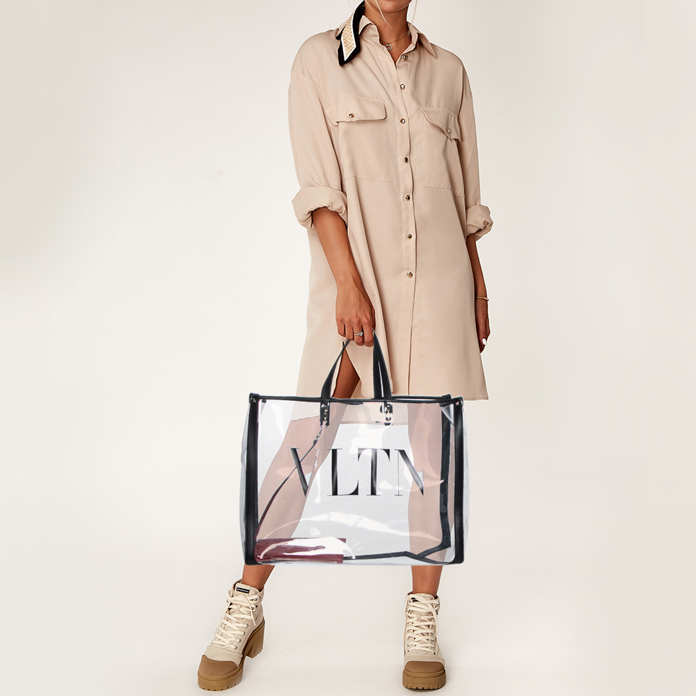 

Valenitno Black/Transparent PVC and Leather VLTN Shopper Tote