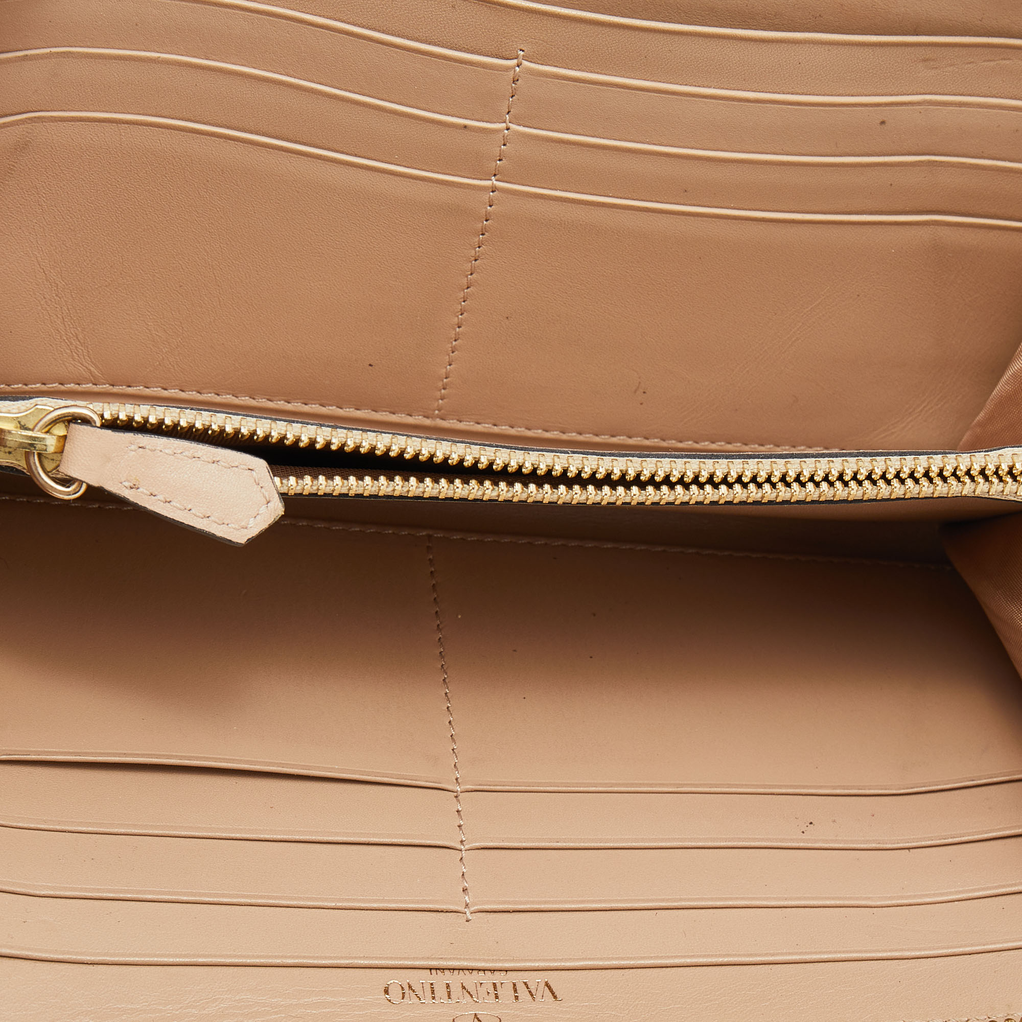 Valentino Beige Leather Rockstud Zip Around Continental Wallet