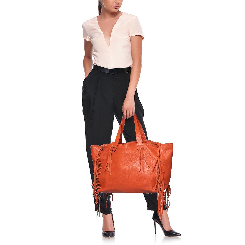 

Valentino Orange Pebbled Leather Fringe C-Rockee Tote