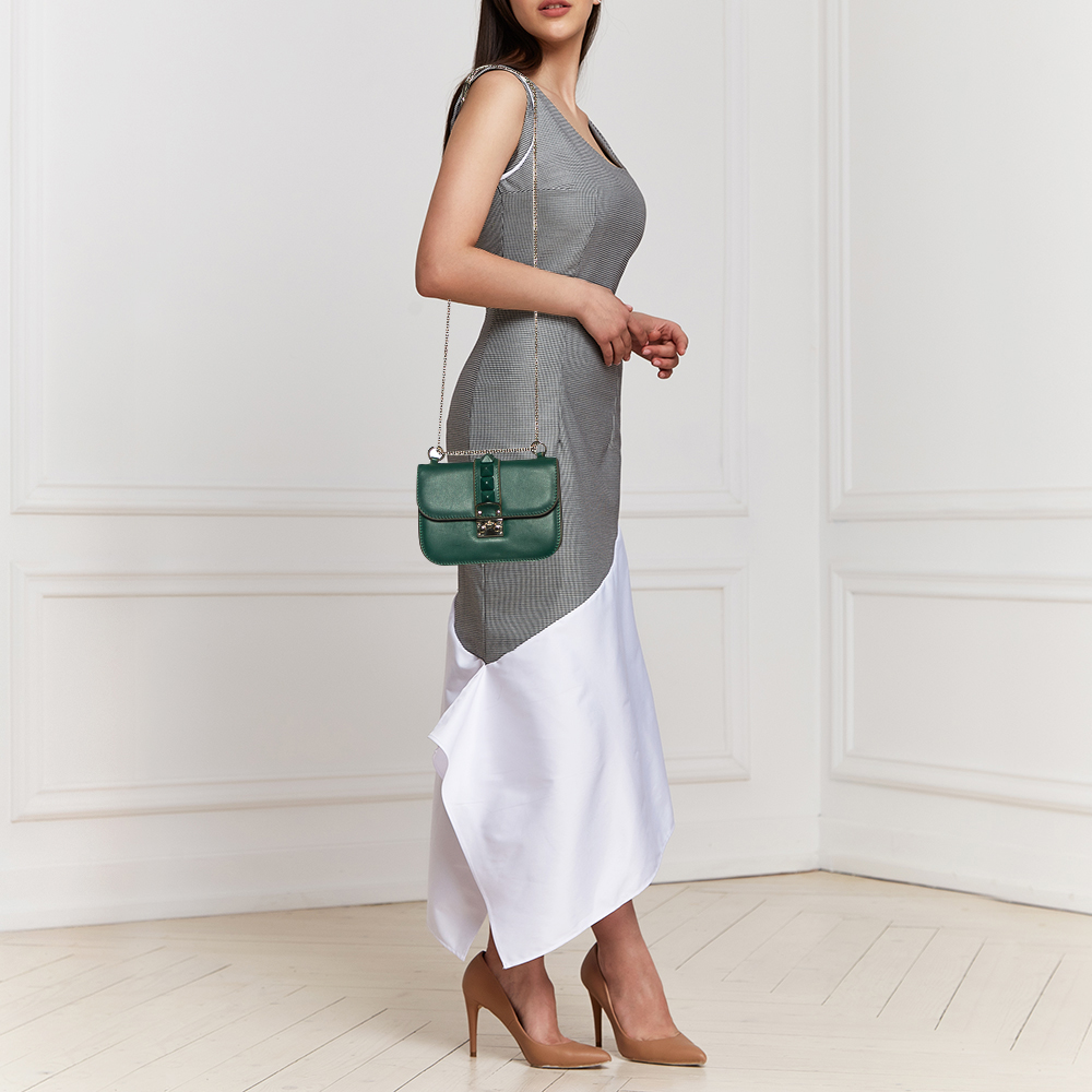 

Valentino Dark Green Leather Small Rockstud Glam Lock Flap Bag