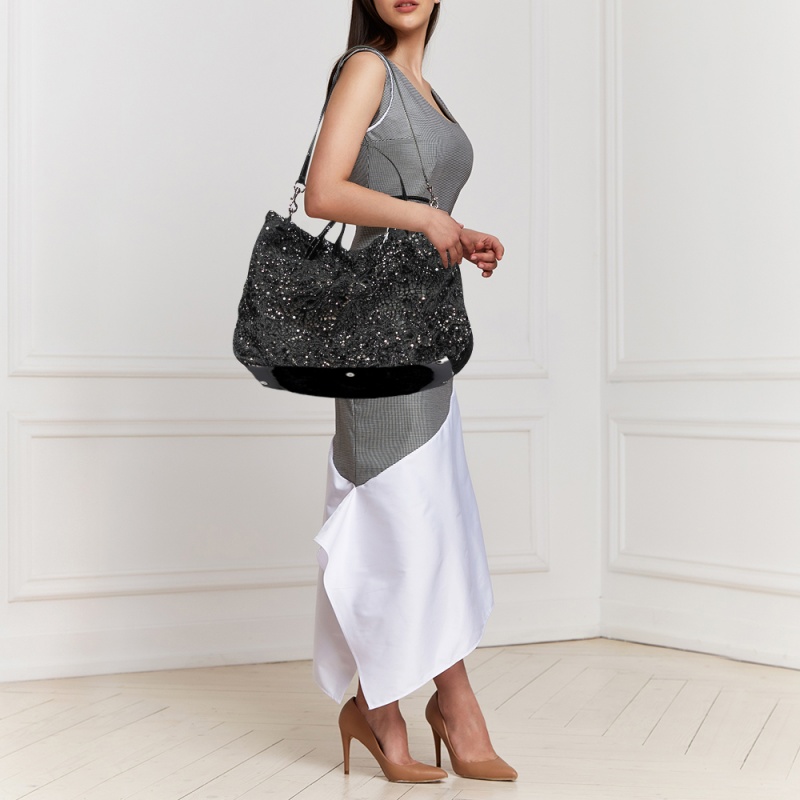 

Valentino Black Calf Hair and Patent Leather Crystal Embellished Tote