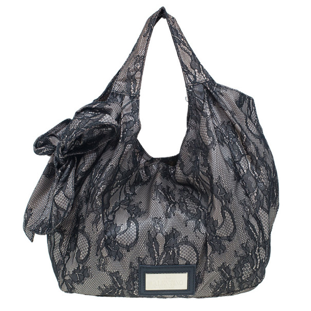 Pre Owned Valentino Black Day Lace Large Nuage Bow Hobo
