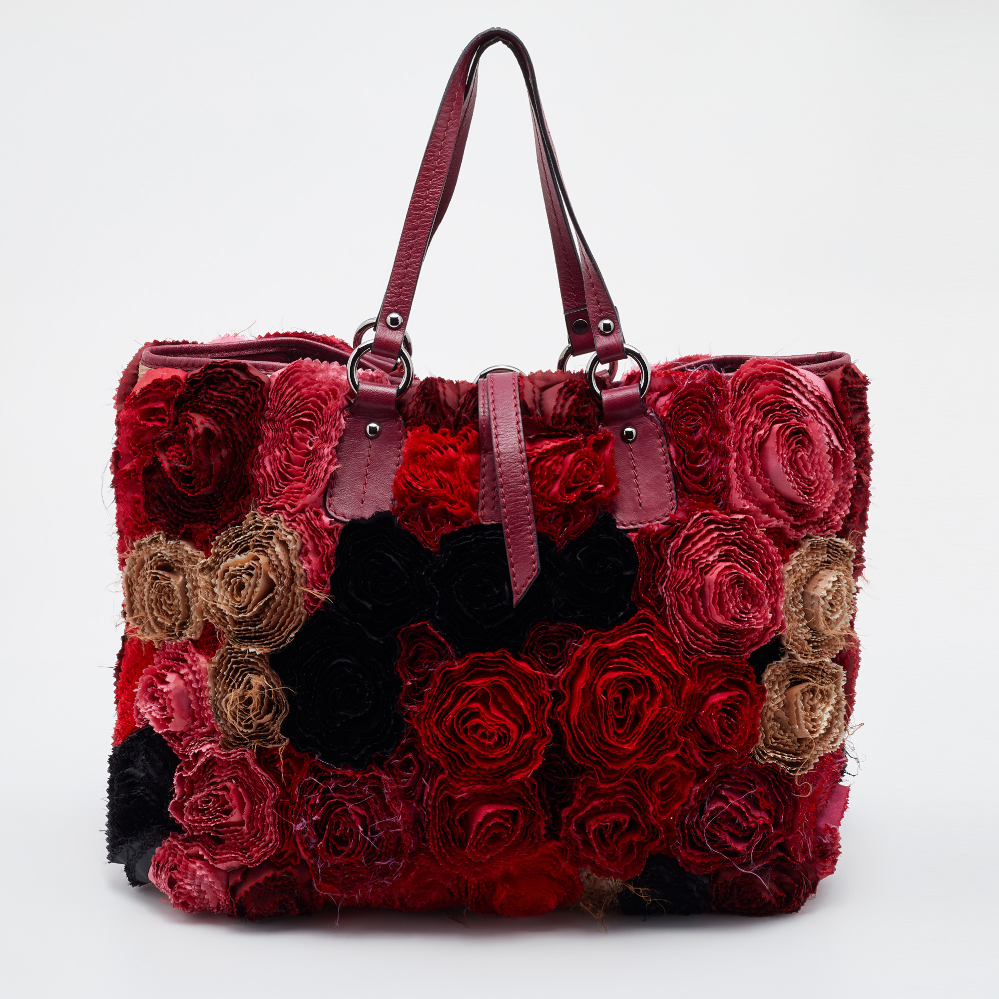 Pre Owned Valentino Red Satin And Leather Applique Flower Shopper Tote