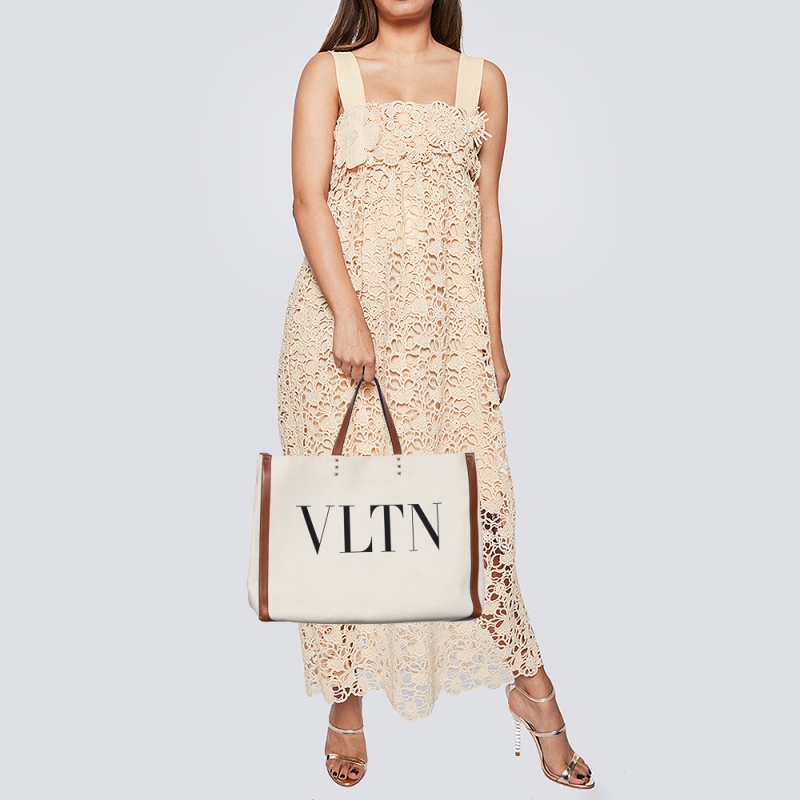 

Valentino Off-White/Brown Canvas and Leather Large VLTN Logo Tote