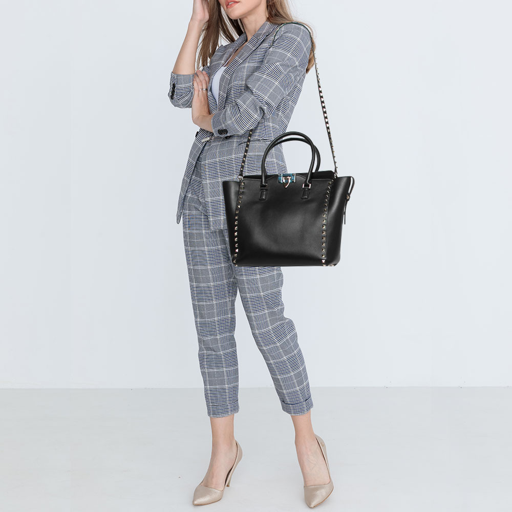 

Valentino Black Leather Small Rockstud Trapeze Tote