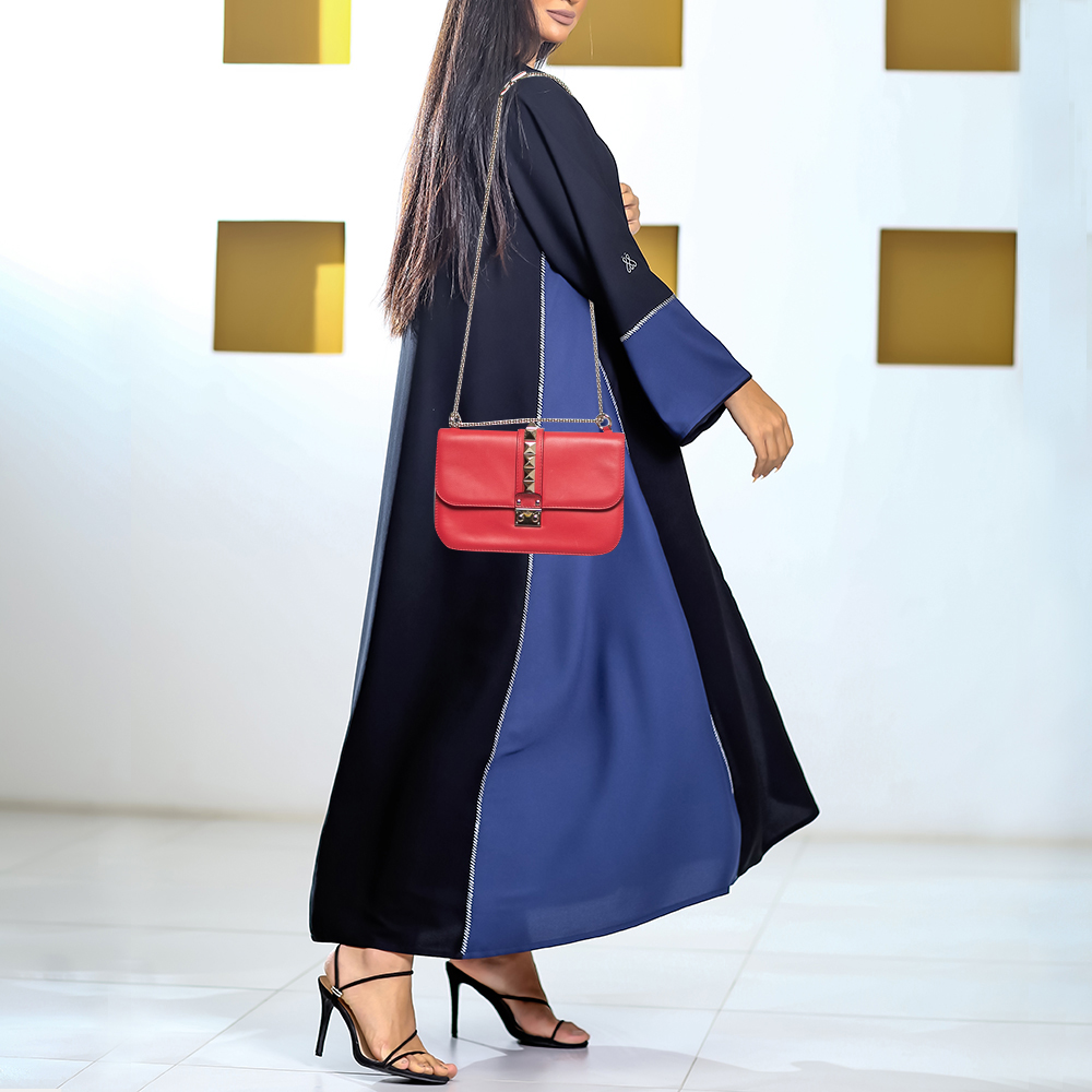 

Valentino Red Leather Medium Rockstud Glam Lock Flap Bag