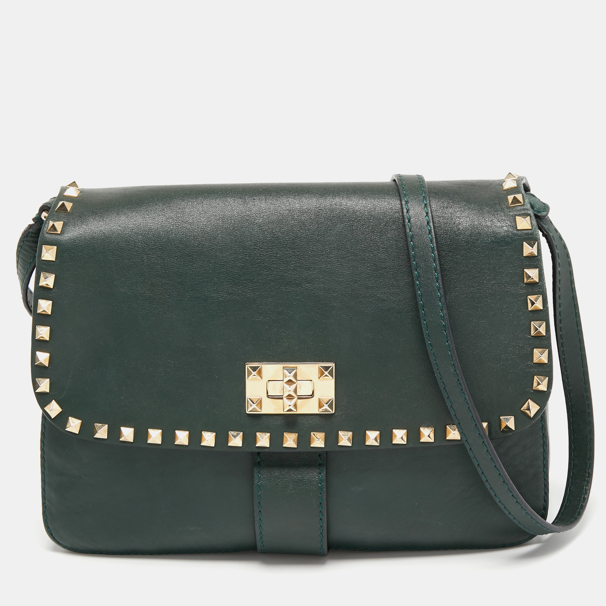 Pre Owned Valentino Dark Green Leather Rockstud Flap Shoulder Bag