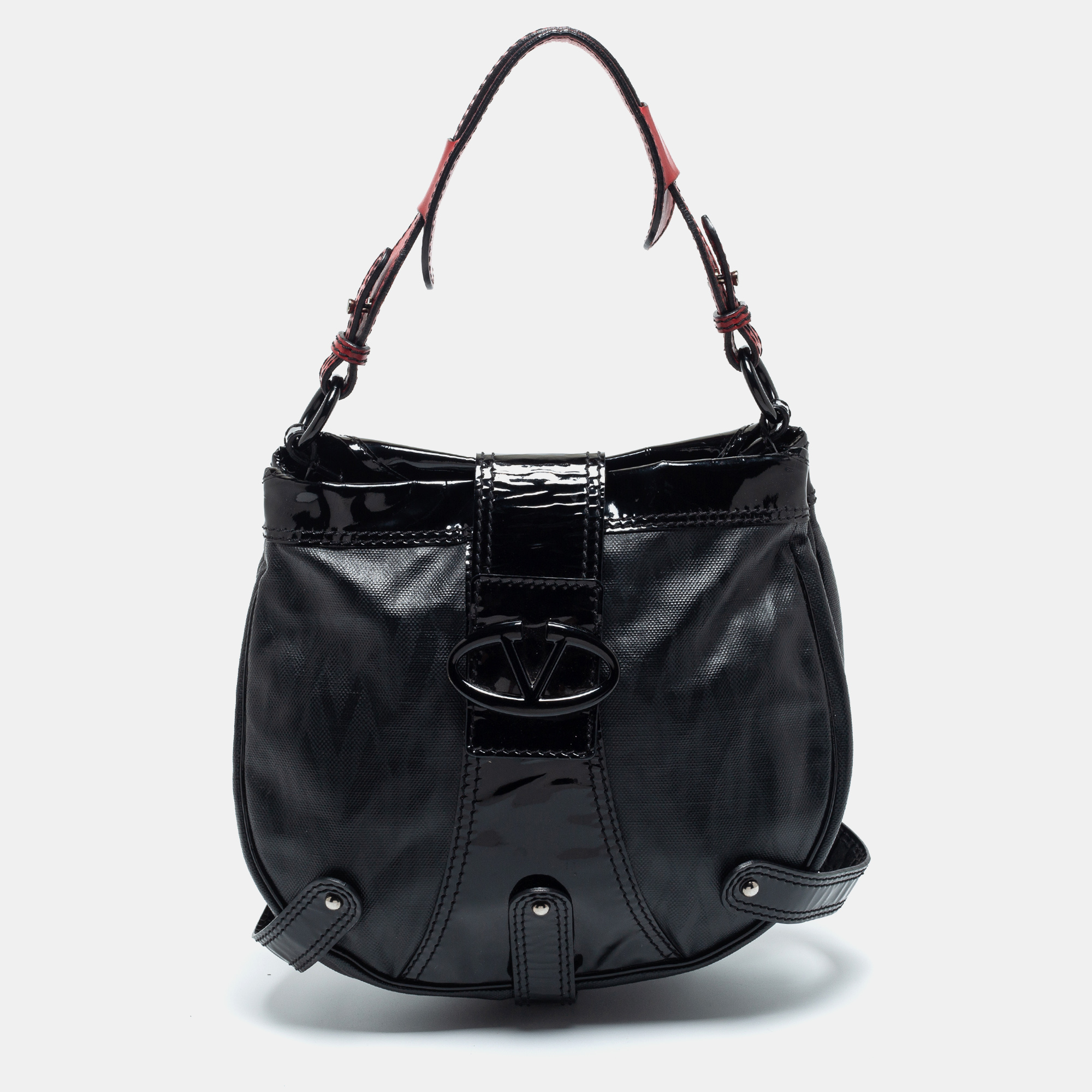 Pre Owned Valentino Black Coated Canvas and Patent Leather Catch Hobo