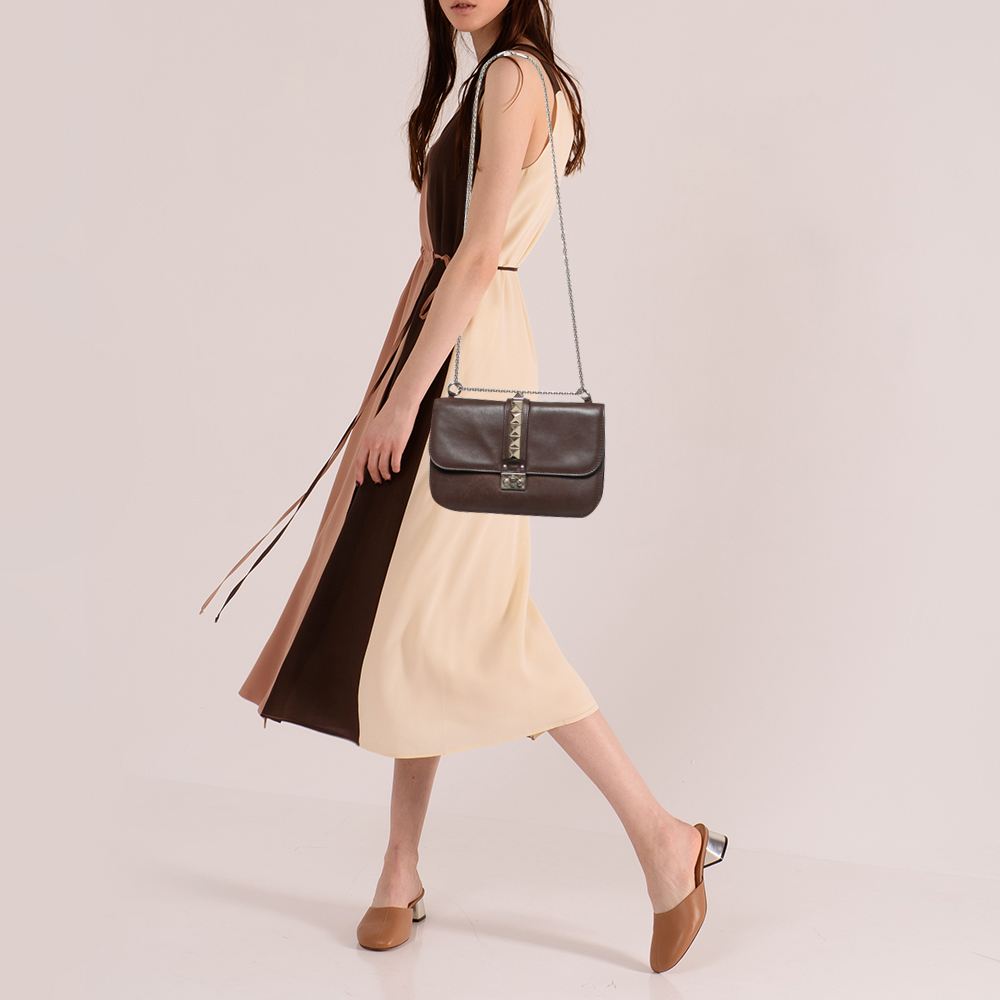 

Valentino Brown Leather Medium Rockstud Glam Lock Flap Bag