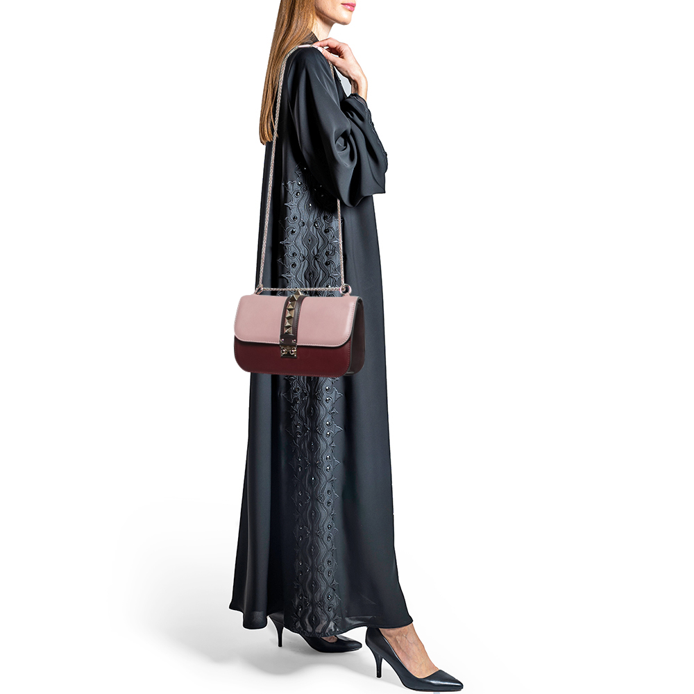 

Valentino Burgundy/Pink Leather Medium Rockstud Glam Lock Flap Bag