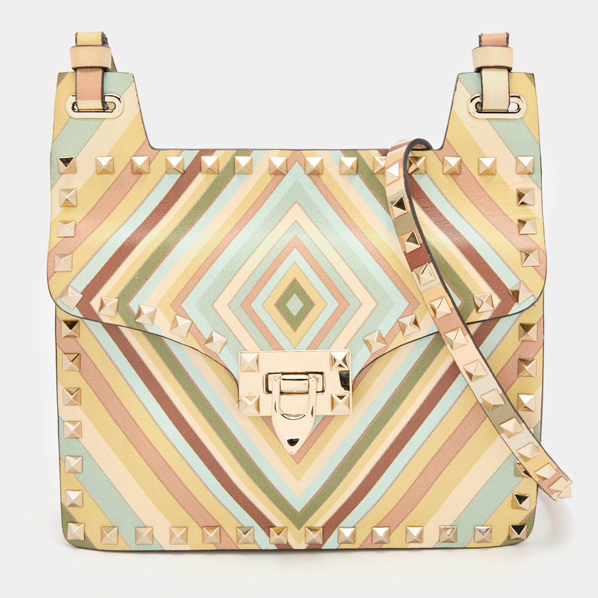 Pre Owned Valentino Multicolor Printed Leather Vitello Native Couture 1975 Rockstud Shoulder Bag