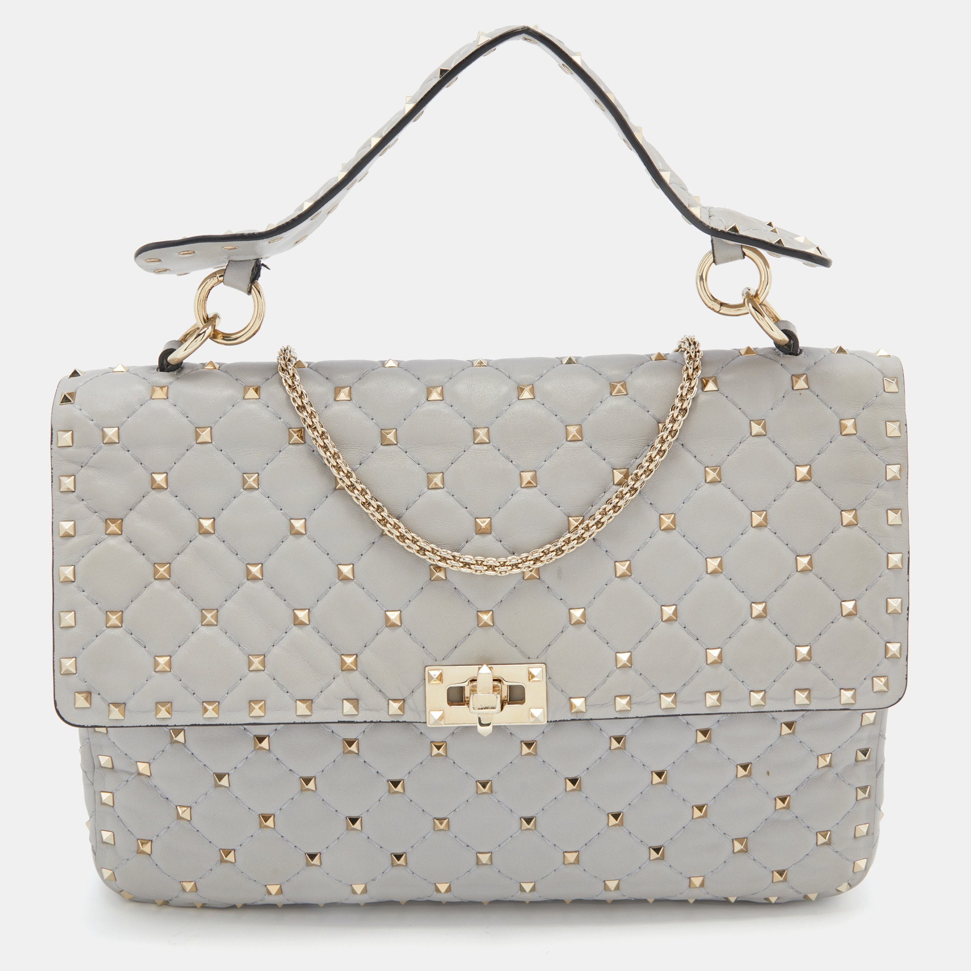 Pre Owned Valentino Grey Quilted Leather Large Rockstud Spike Top Handle Bag
