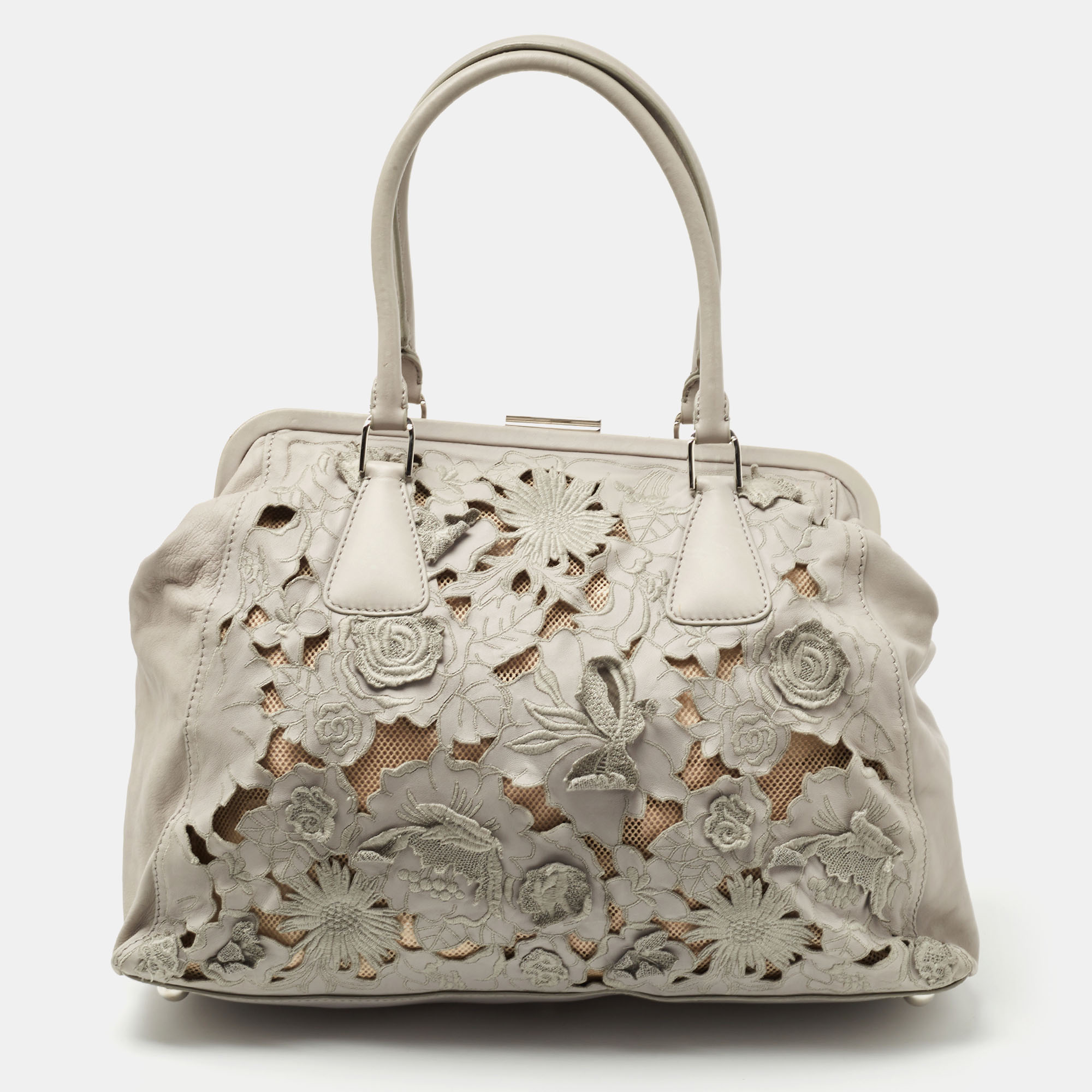 

Valentino Grey Leather Petal Embroidered Alice Glam Frame Satchel