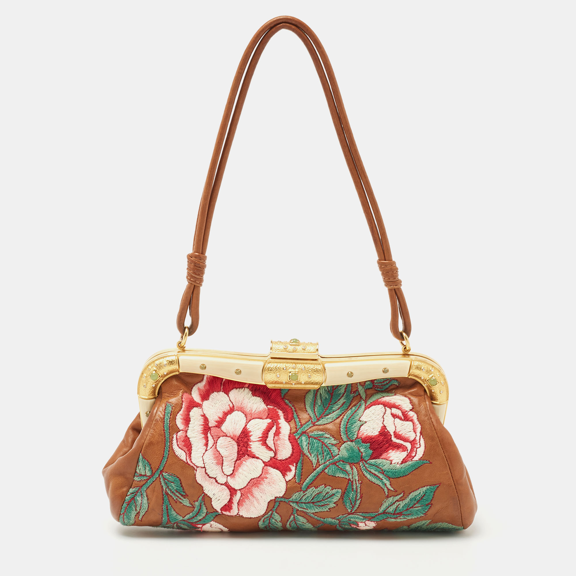 Pre Owned Valentino Brown Leather Floral Embroidered Frame Baguette Bag