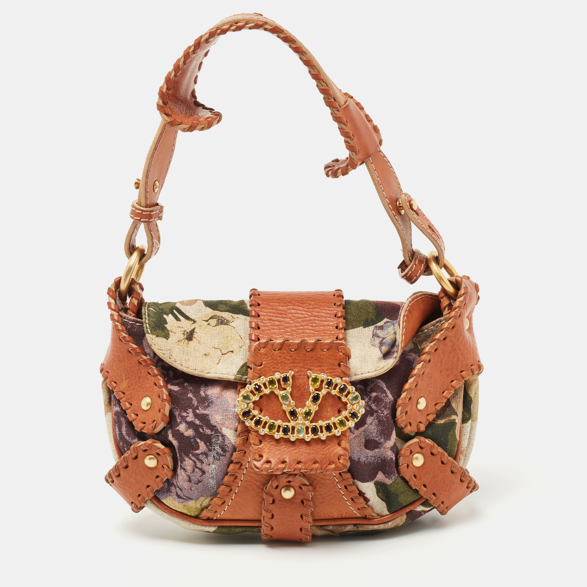 Pre Owned Valentino Multicolor Floral Canvas and Leather Crystals VLogo Hobo