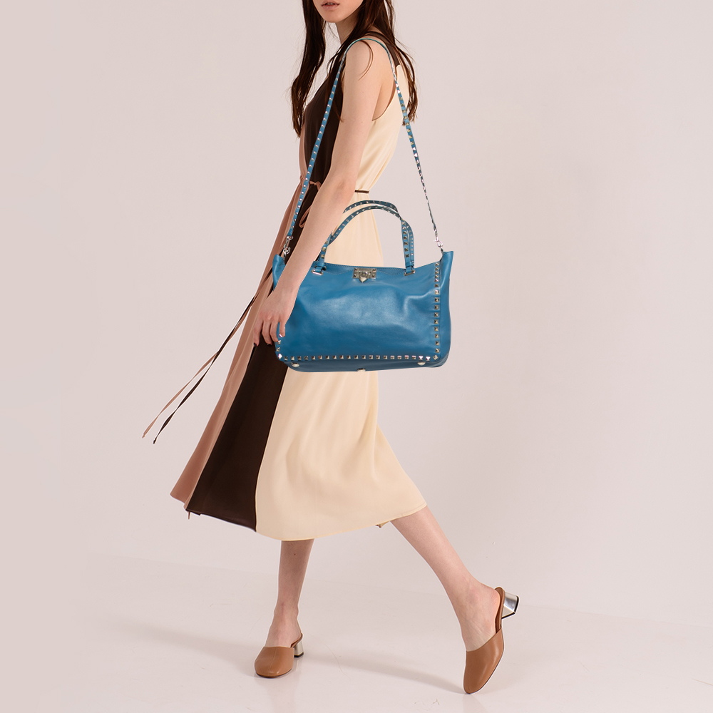 

Valentino Blue Leather Rockstud Trapeze Tote