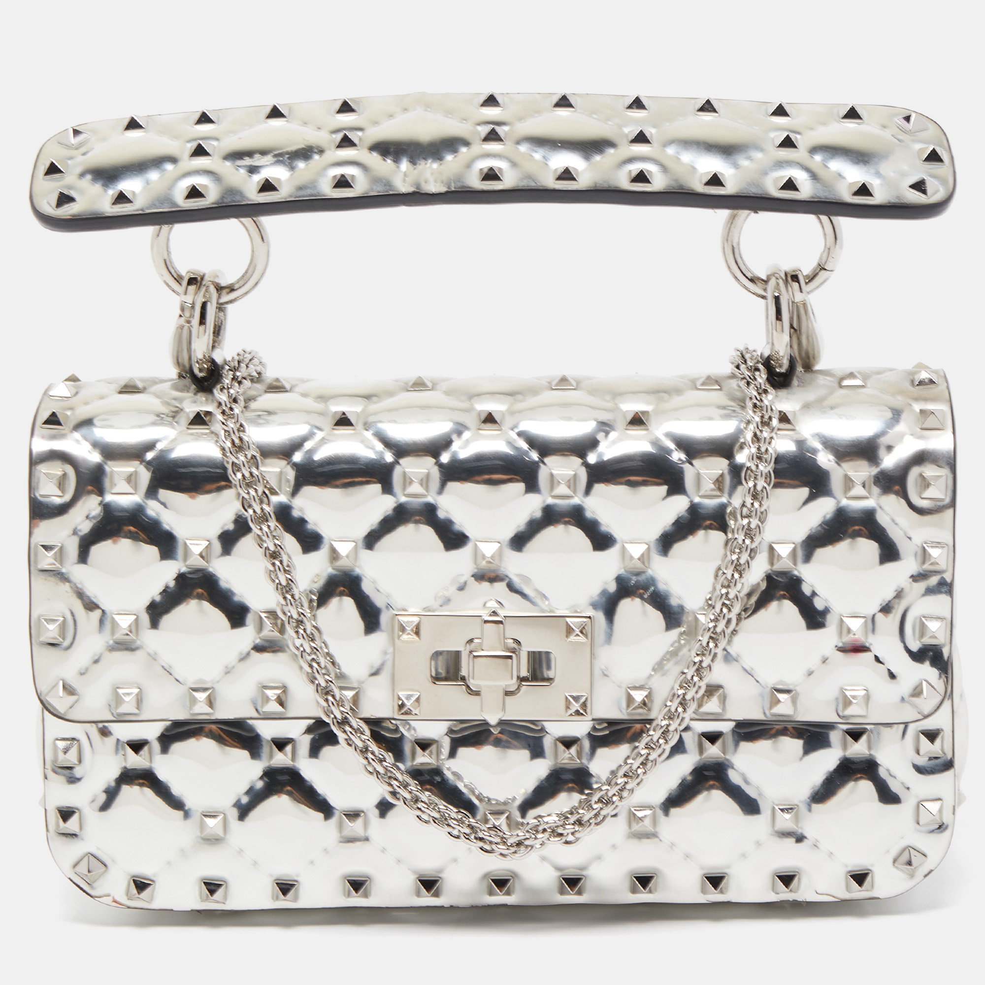 Pre Owned Valentino Silver Quilted Patent Leather Small Rockstud Spike Top Handle Bag