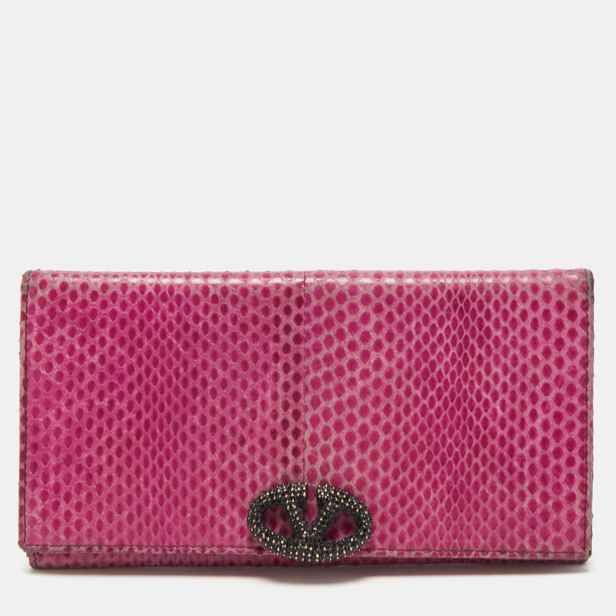 Pre-owned Valentino Garavani Fuchsia Snake Leather Crystal Catch Flap Wallet In Pink